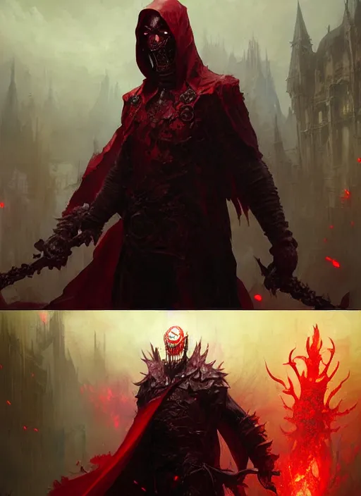 Prompt: male necromancer in a dark fantasy setting wearing a red mask, art by greg rutkowski, art by craig mullins, art by thomas kincade, art by Yoshitaka Amano