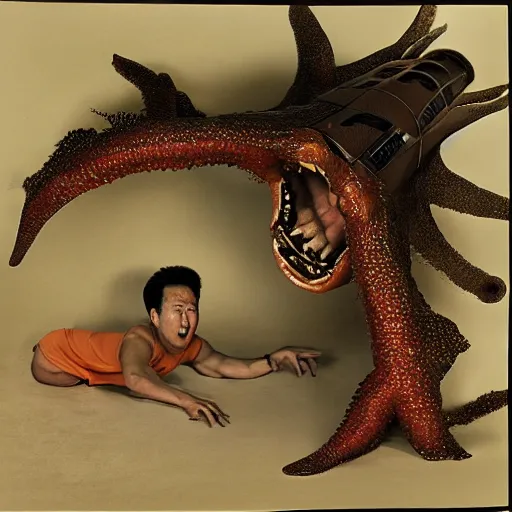 Prompt: studio shooting of Kim Jong-il escaping a Kaiju starfish monster, in the style of Herb Ritts and Irving Penn