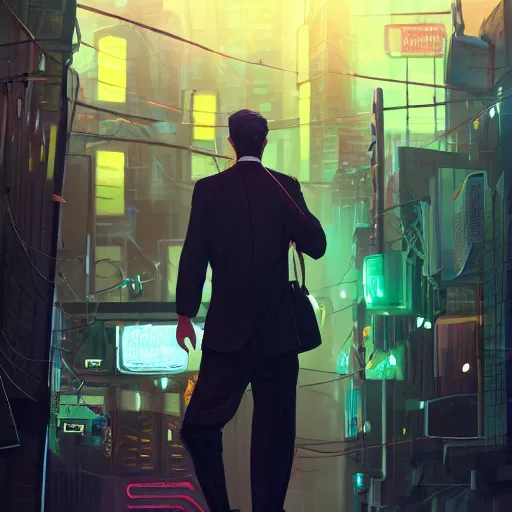 Image similar to bbusinessmen holding a briefcase, detailed digital illustration by greg rutkowski, cyberpunk back alley, nighttime, colorful lighting, android netrunner