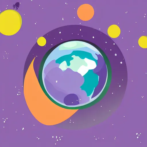 Image similar to cartoon illustration of a bear mascot being launched from a futuristic marble planet, purple and orange cloudland