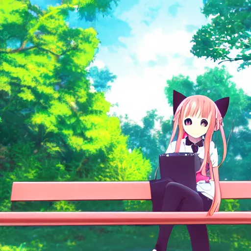 Prompt: 3 d photo of an anime girl with cat ears and long hair looking to her side, sitting on a bench with a park behind her, bokeh, shader, anime art style, highly detailed, cel - shaded, colorful, animated, trending