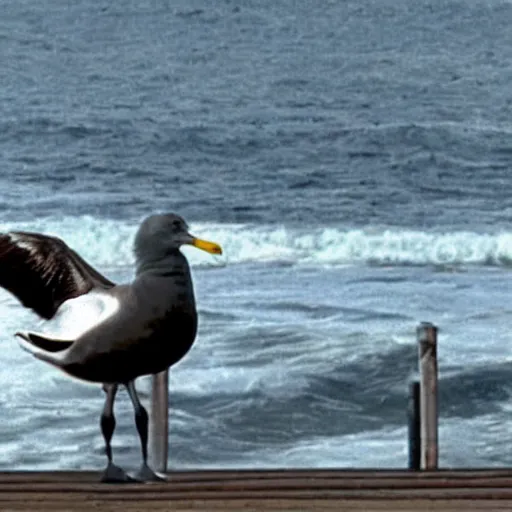 Image similar to a photo still of steven seagal as a seagull at the pier next to the ocean, anthropomorphized