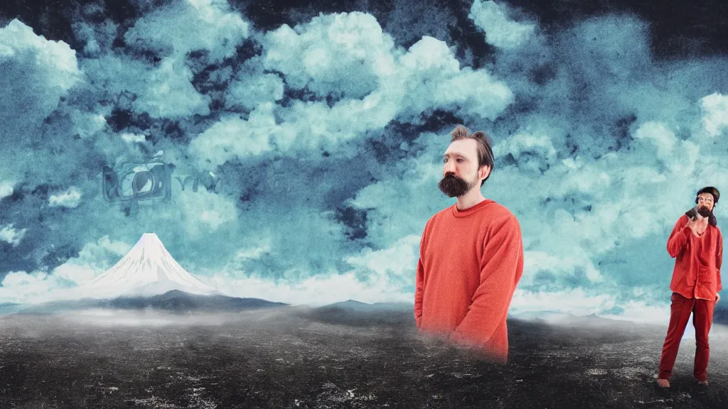 Prompt: portrait of a bearded german photographer at a vast temple under a vivid sky, aomori japan, a collage painting, in the style of wes anderson, lola dupre, david hockney, isolated on negative white space background dark monochrome neon spraypaint accents volumetric octane render