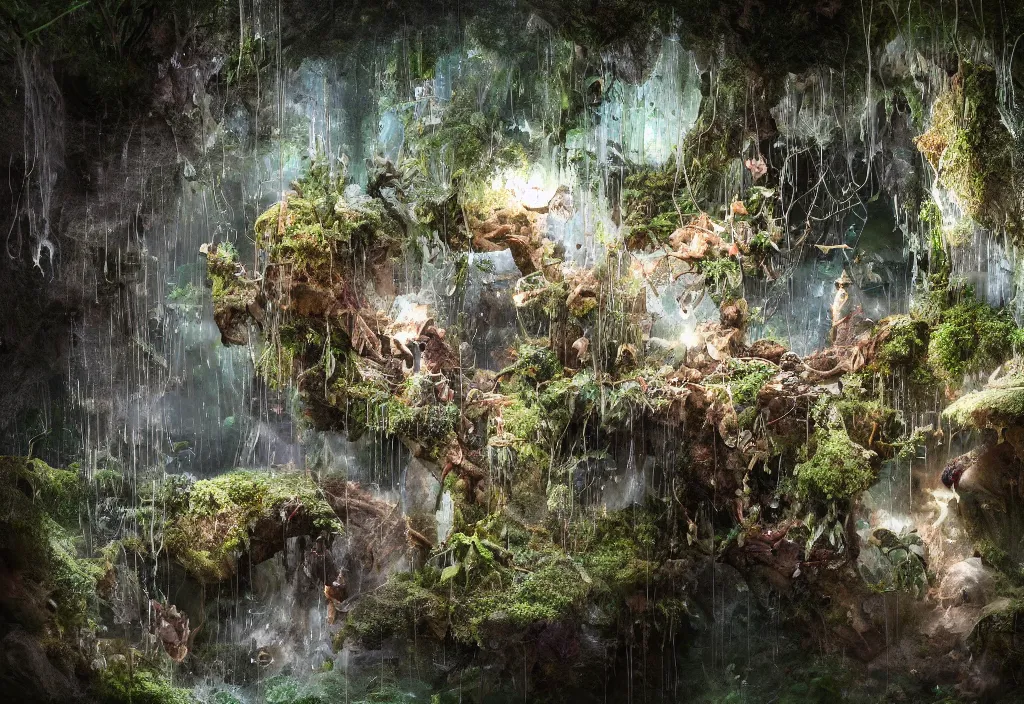 Prompt: Enchanted water Well, plants inside cave, with godray, vale encantado, cave photography lighting by ellen jewett, tomasz alen kopera and Justin Gerard, foam mist water,ruins, building blocks, , diamond texture, intricate mine, tiny sticks,tiny insects, water drops,sap,spider web, sap, nature adornements, nature colors, trending on artstation, volumetric lighting, micro details, ray tracing, 8k