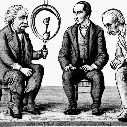 Image similar to Einstein, Isaac Newton, and Nikolai Tesla smoking a joint, drawing