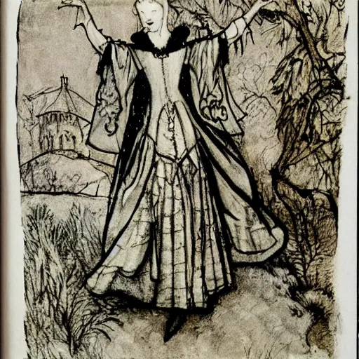 Prompt: Anne Boleyn is a bird, avian, illustration in the style of Arthur Rackham