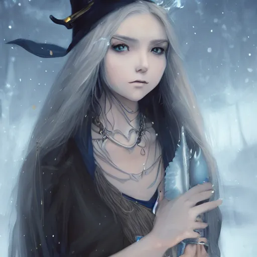Image similar to !dream An anime young woman witch of the cold, scales and jewelry of gold and silver, intricate, digital painting, highly detailed, concept art, Artstation, Cgsociety, Artgerm, Studio Trigger, Wlop