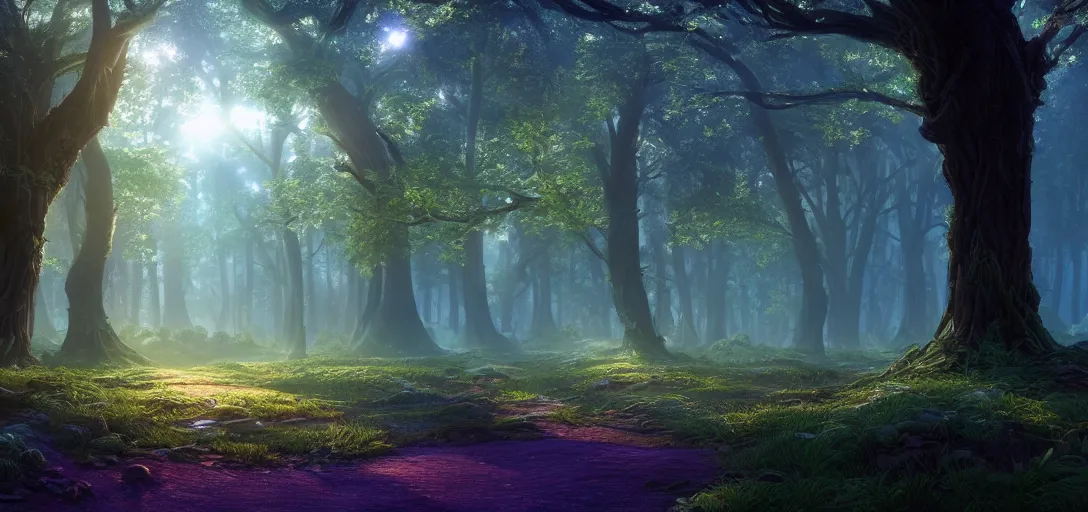 Prompt: beautiful view of a mystical forest with winding branches, landscape, glow, symmetrical, unreal engine, dramatic lighting, ultra detailed, ambient occlusion, slight bloom, illumination, soft lighting, crepuscular rays, ray tracing, vibrant, vivid colors, beautiful, by noah bradley and jordan grimmer