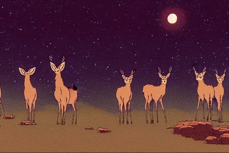 Image similar to a still from a studio ghibli film of a group of deer looking up at an alien ufo from princess mononoke ( 2 0 0 4 ) at night on a desert road, full body, wide shot, very muted colors, post grunge, studio ghibli, laurie greasley, highly detailed, deviantart, art by artgem