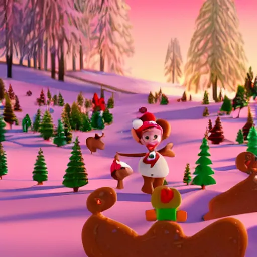 Image similar to Animated film still from a Pixar movie with a Candy land forest during christmas time with anthropomorphic ginger bread people and candy people, rivers made out of chocolate milk, the sky is pink, style of Pixar, Surreal, Angelic, HD, Hyper Realistic