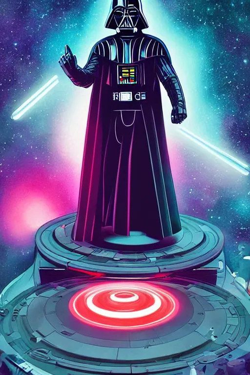 Image similar to darth vader dj standing on a giant science fiction turntable at a astronaut rave, digital art, winning award masterpiece, fantastically beautiful, illustration, dan mumford, moebius, artgerm, wlop 8 k