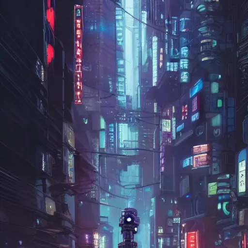 Image similar to cyberpunk robot in future japan at night, concept art, fine details, studio ghibli, cinematic lighting, ghost-in-the-shell, cyberpunk,sci-fi, fantasy, intricate, elegant, highly detailed, digital painting, trending on artstation, concept art, smooth, sharp focus, illustration, by james gurney and greg rutkowski