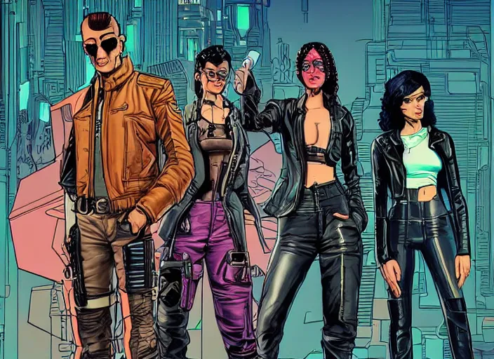 Image similar to cyberpunk heist crew. portrait by stonehouse and mœbius and will eisner and gil elvgren and pixar. character design. realistic proportions. dystopian. cyberpunk 2 0 7 7, apex, blade runner 2 0 4 9 concept art. cel shading. attractive face. thick lines. hi def 4 k. the team.