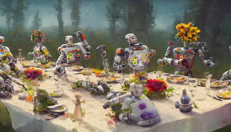 Image similar to a table dinner of robots where robots are dressed like the characters from the midsommar movie wearing flowers, realistic detailed digital art by maxwell boas jessica rossier christian dimitrov anton fadeev trending on artstation cgsociety rendered in unreal engine 4 k hq