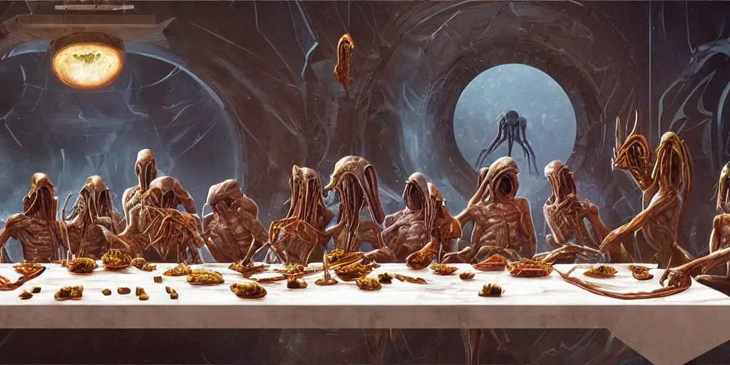 Image similar to !13 hungry aliens enjoying a rich salad around a marble table, !positioned as last supper cinematic lighting, dramatic framing, idilic, fantasy, highly detalied, 4k, artstation, by Wayne Barlowe