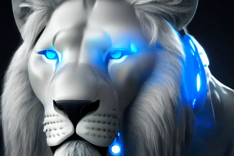 Image similar to lion, futuristic, cybernetic, metal, white blue grey, octane render, studio light,