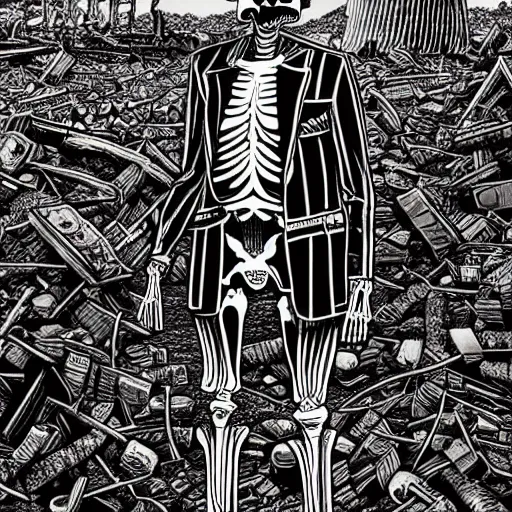 Image similar to a skeleton wearing a suit standing in ruins of nuclear explosion by Dan Mumford