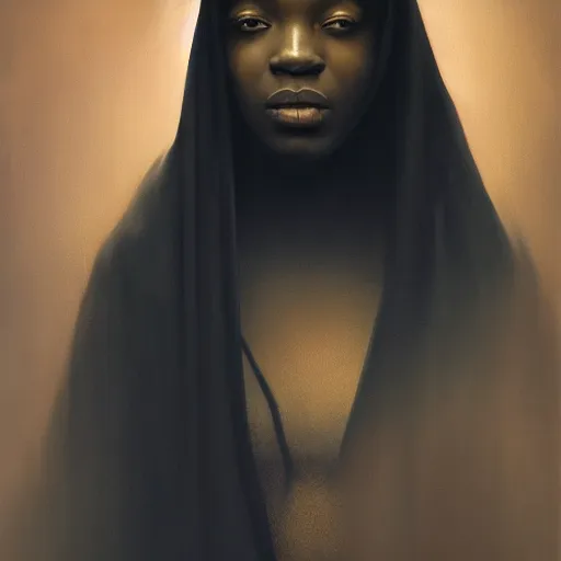 Image similar to a portrait of a young black woman wearing a long dark cloak, hood and shadows covering face, anatomically correct, beautiful perfect face, enigmatic, oil painting, matte painting, black background, Volumetric Golden dappled dynamic lighting, Highly Detailed, Cinematic Lighting, Unreal Engine, 8k, HD, by Beksinski