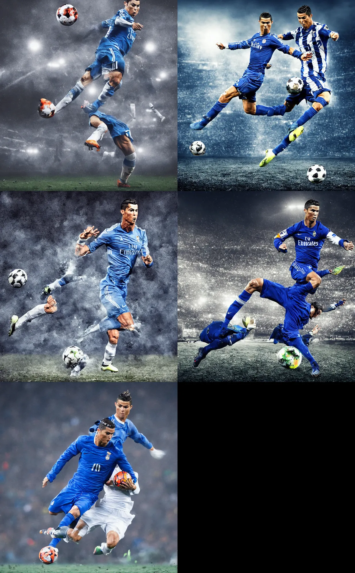Prompt: cristiano Ronaldo tackling a blue meat ball in a post apocalyptic stadium at night, football, nike