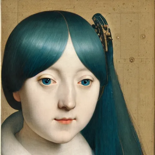 Image similar to a portrait of the young lady hatsune miku of the house lancaster by hans holbein, blue eyes, blue hair, porcelain skin, national portrait gallery, painting