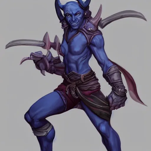 Prompt: D&D character concept art of a tiefling, tiefling rogue, blue skin color with short horns and a devil tail, casual pose of a Rogue holding daggers, full body pose, soft colors, fantasy, intricate, elegant, highly detailed, digital painting, artstation, concept art, smooth, sharp focus, illustration