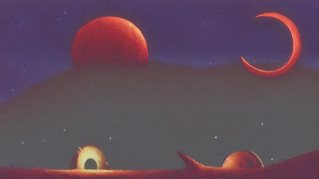Image similar to mysterious whimsical sculpture of an alien crescent moon by paul lehr and john schoenherr and john harris, cinematic matte painting