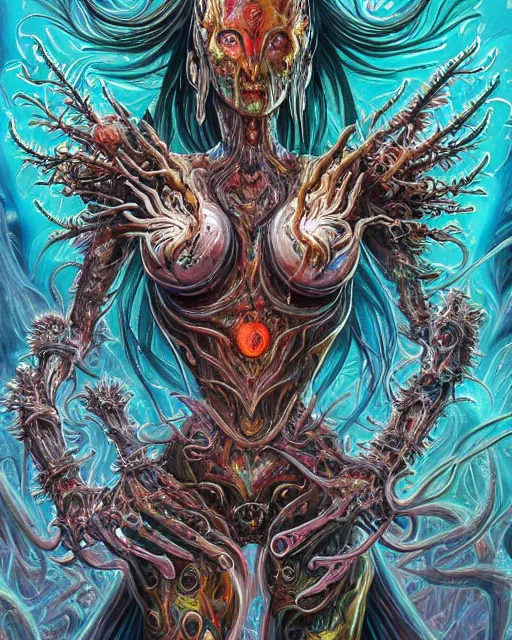 Image similar to silver mechanical charred bloody fleshmetal cyborg daemonhost woman psychedelic flamer of tzeentch with extra arms, blue and green rainbow fire, by antonio j. manzanedo, alex grey, android jones, wayne barlowe, philippe druillet, raymond swanland, cyril rolando, harumi hironaka, cronenburg, trending on artstation