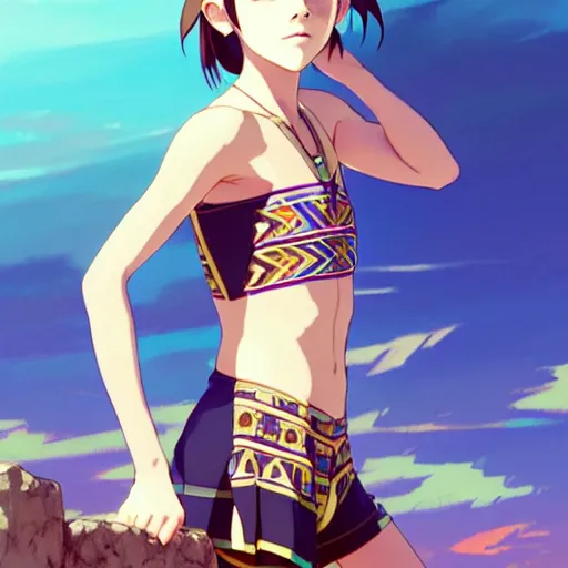 Image similar to a beautiful boyish emma watson alluring instagram model, wearing japanese hiphop aztec leotard outfit with mayan pattern and native style, aztec street fashion bathing suit, botw style, gapmoe yandere grimdark, trending on pixiv fanbox, painted by greg rutkowski makoto shinkai takashi takeuchi studio ghibli, akihiko yoshida