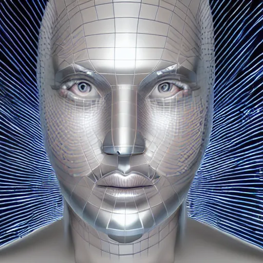 Image similar to surrealistic 3d illustration of a human face made of holographic chrome-plated material, concept of cyborg and artificial intelligence