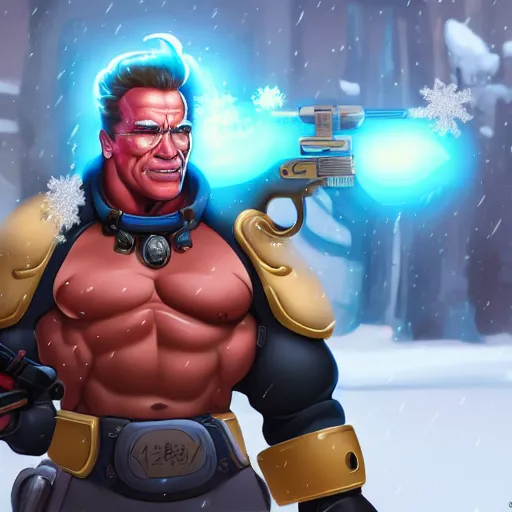 Image similar to a screenshot of arnold schwarzenegger as mei in the snow shooting frost gun in overwatch, portrait, fantasy, beautiful face, vivid colors, elegant, concept art, sharp focus, digital art, hyper - realistic, 4 k, unreal engine, highly detailed, hd, dramatic lighting by brom, trending on artstation