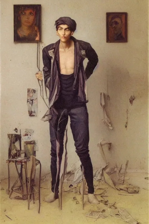 Image similar to a skinny goth guy standing in a cluttered 9 0 s bedroom, full body character concept art, vaporwave colors, jules bastien - lepage art,