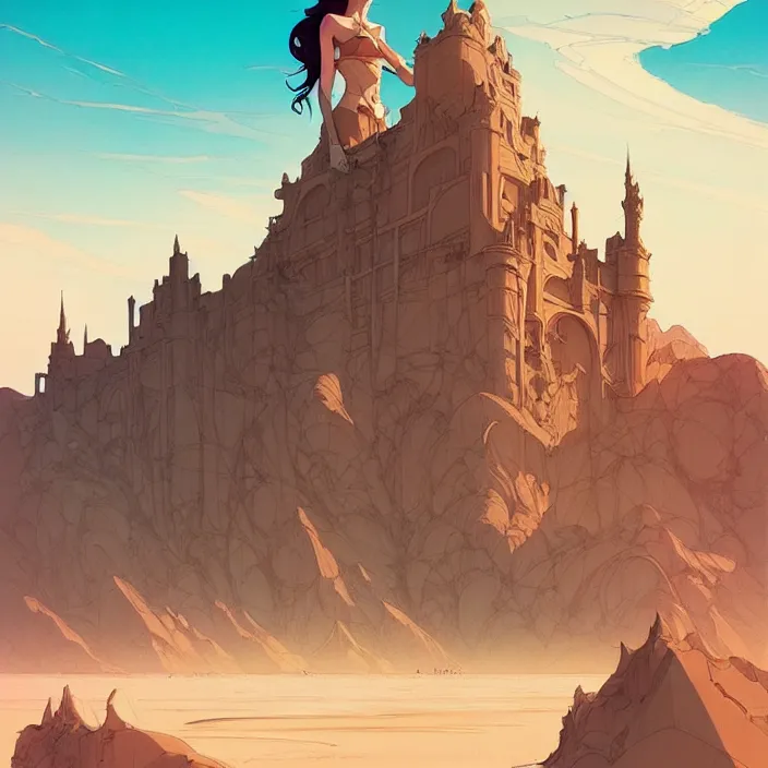 Image similar to style artgerm, joshua middleton, conrad roset, a giant brown stone castle in the desert, very long spires, sand swirling, detailed, ocean background setting, volumetric lighting