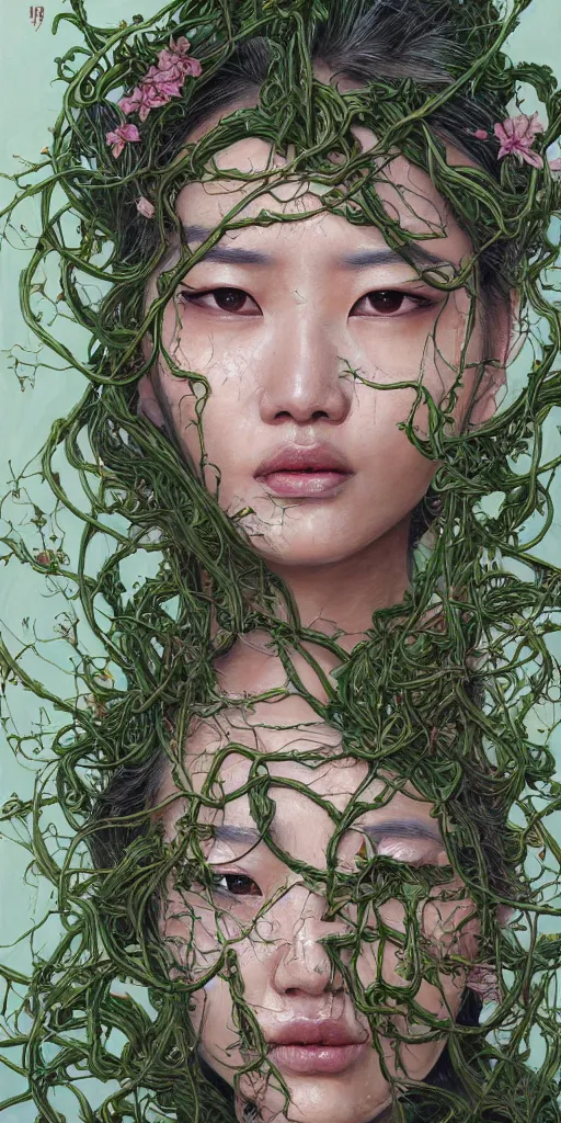 Image similar to very beautiful highly detailed and expressive oil painting of an asian woman's face dissolving into vines and plants by james jean, by kim jung gi, masterpiece, dynamic lighting, intricate linework, 8 k, flowers