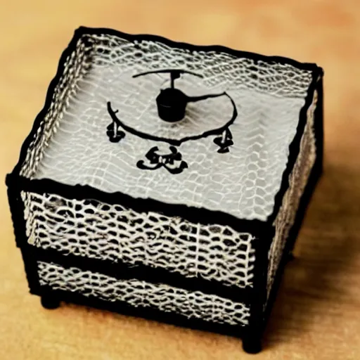 Prompt: a photo of a music box made out of chicken wire