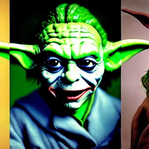 Image similar to uhd photorealisitc candid photo of yoda as the joker. correct makeup. correct face, accurate face. photo by annie leibowitz and steve mccurry