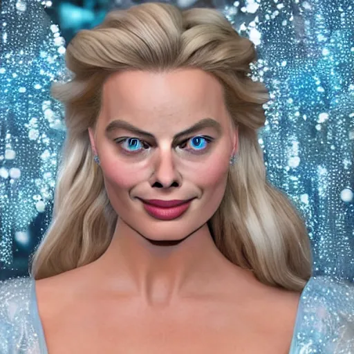 Image similar to Margot Robbie as Elsa in disney frozen live action, 8k full HD photo, cinematic lighting, anatomically correct, oscar award winning, action filled, correct eye placement,