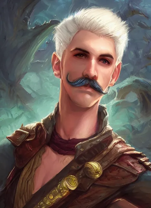 Image similar to young man with short white hair and moustache, dndbeyond, bright, colourful, realistic, dnd character portrait, full body, pathfinder, pinterest, art by ralph horsley, dnd, rpg, lotr game design fanart by concept art, behance hd, artstation, deviantart, hdr render in unreal engine 5