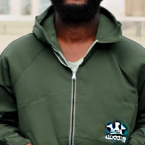 Prompt: photograph of a black man with afro hair and stubble wearing an adidas army green jacket ( ( ( the size of a tower ) ) ), looming over dublin