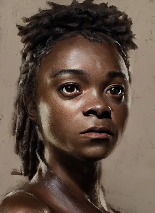 Image similar to black arya stark as himba, intricate, elegant, highly detailed, artstation, concept art, sharp focus, ruan jia, jurgens, orientalism, mucha