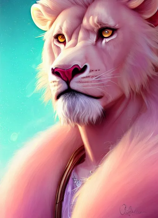 Image similar to aesthetic portrait commission of a of a male fully furry muscular anthro albino lion with a tail and a beautiful attractive hyperdetailed face wearing stylish and creative wearing pink and mint male crop top outfit in a sci-fi dystopian city at golden hour while it storms in the background. Character design by charlie bowater, ross tran, artgerm, and makoto shinkai, detailed, inked, western comic book art, 2021 award winning film poster painting