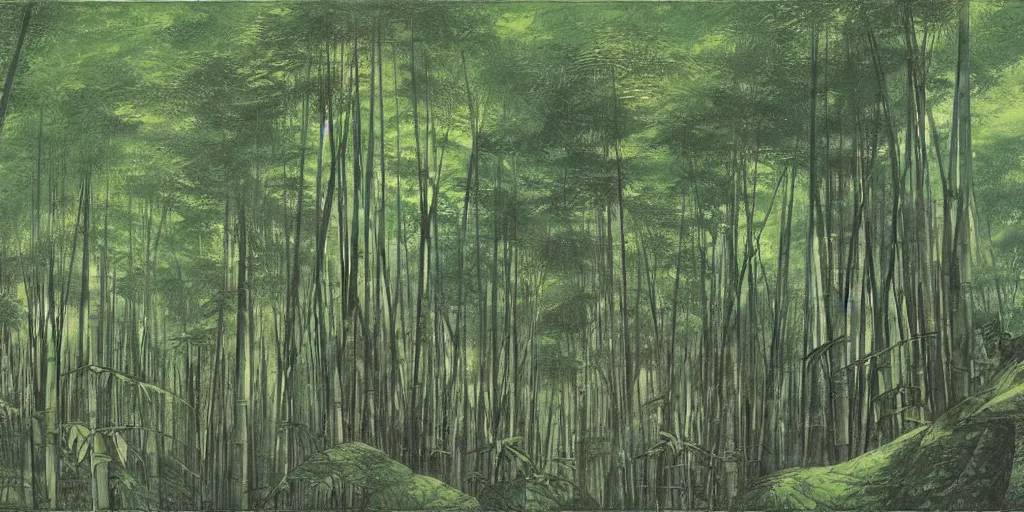 Image similar to art by john howe of the cinematic view of the sagano bamboo forest.