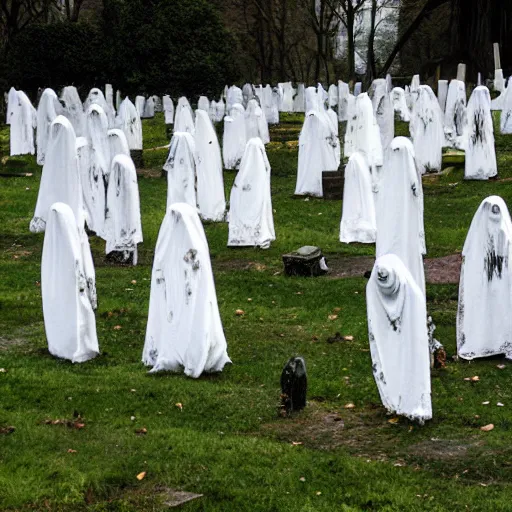 Image similar to bedsheet ghosts haunting a graveyard