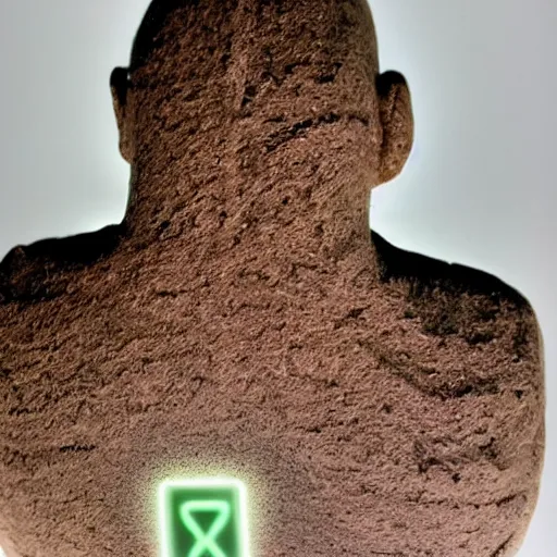 Prompt: clay man back of head peeled back to expose control panel and an exclamation point is above his head