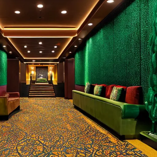 Prompt: a lavish hotel lobby with emerald colored walls with golden accents on them and red carpet