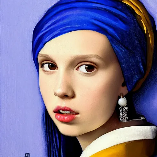 Image similar to Millie Bobby Brown with a pearl earring by Johannes Vermeer