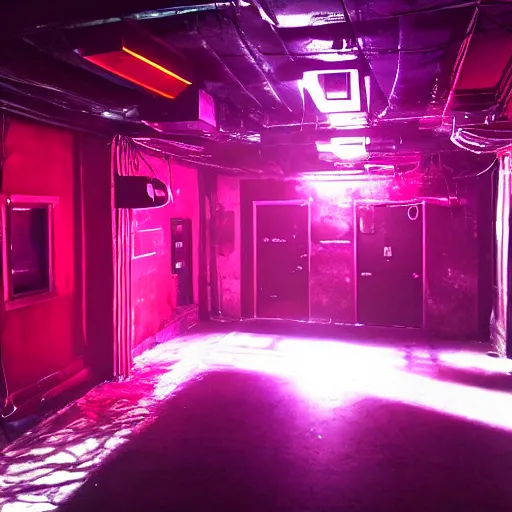 Image similar to underground club, secret, cyberpunk dance music, lights, ambiance