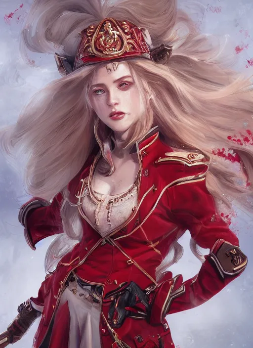 Image similar to a highly detailed illustration of beautiful long dirty blonde haired pale girl wearing red epaulette uniform, red eyes, dramatic smile pose, intricate, elegant, highly detailed, centered, digital painting, artstation, concept art, smooth, sharp focus, league of legends concept art, WLOP