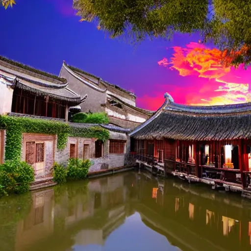 Image similar to peaceful ancient water town in the south of china, zhouzhuang ancient town, sunset glow, movie style