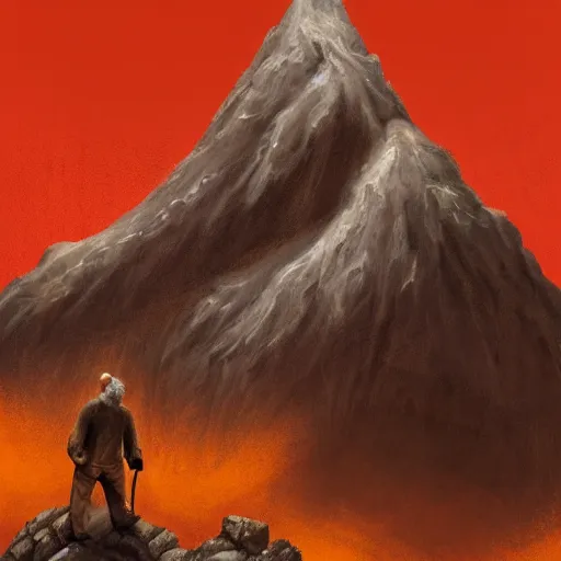 Image similar to painting of an old man with a silver gray beard and ragged robes knelt down on the peak of a mountain, the sky above is wreathed in flames, the man chisels an inscription on a stone, realistic, detailed, ancient, digital art, apocalyptic, earth tones, dramatic, cinematic lighting