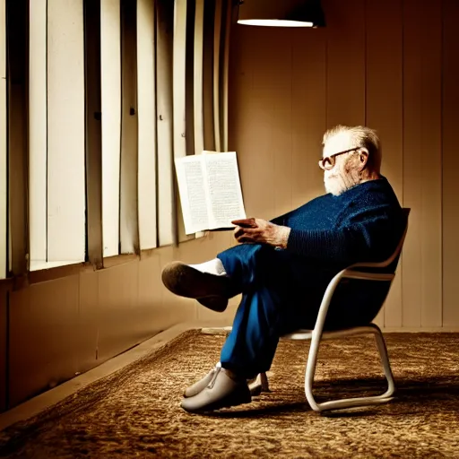 Prompt: old fatman sitting on chair reads book, light stubble, cinematic, dramatic